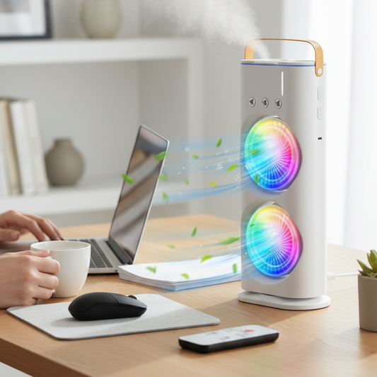 Desk setup with a humidifier, laptop, and remote control in a home office setting.