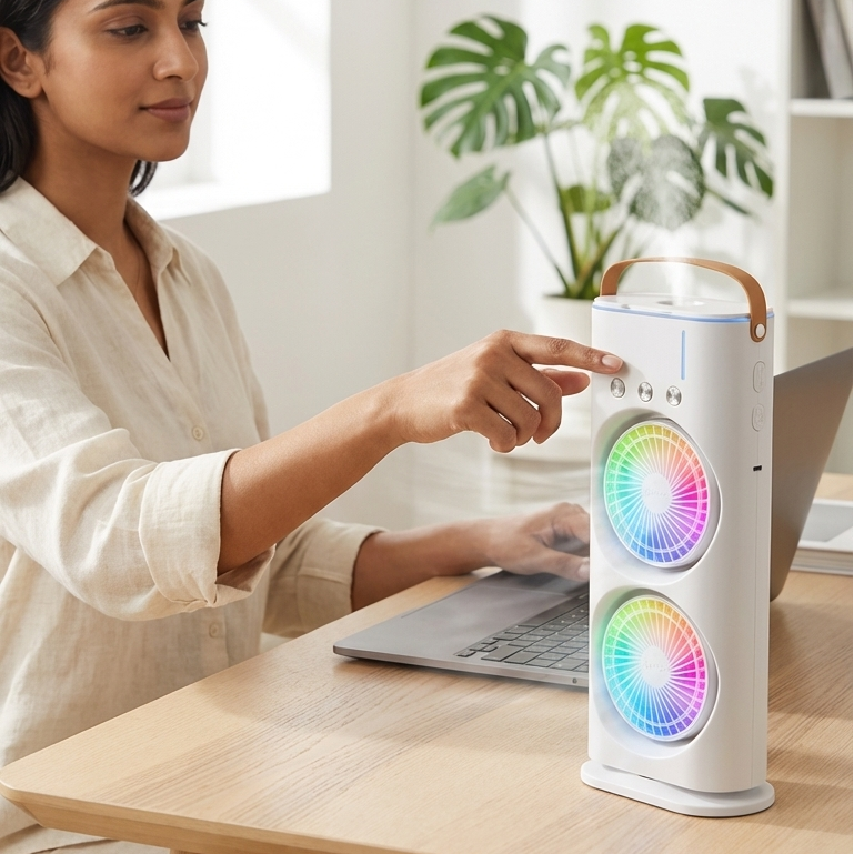 Woman using a Double air cooler fan