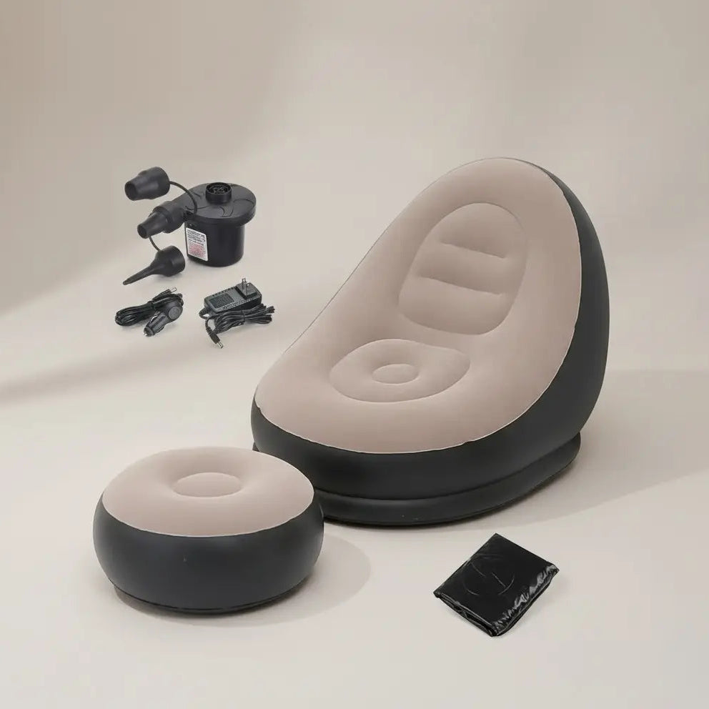 Inflatable chair and ottoman with pump and accessories on a white background