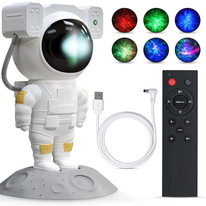 Astronaut-shaped night light projector projecting colorful lights on a ceiling, with a hand holding a remote control.
