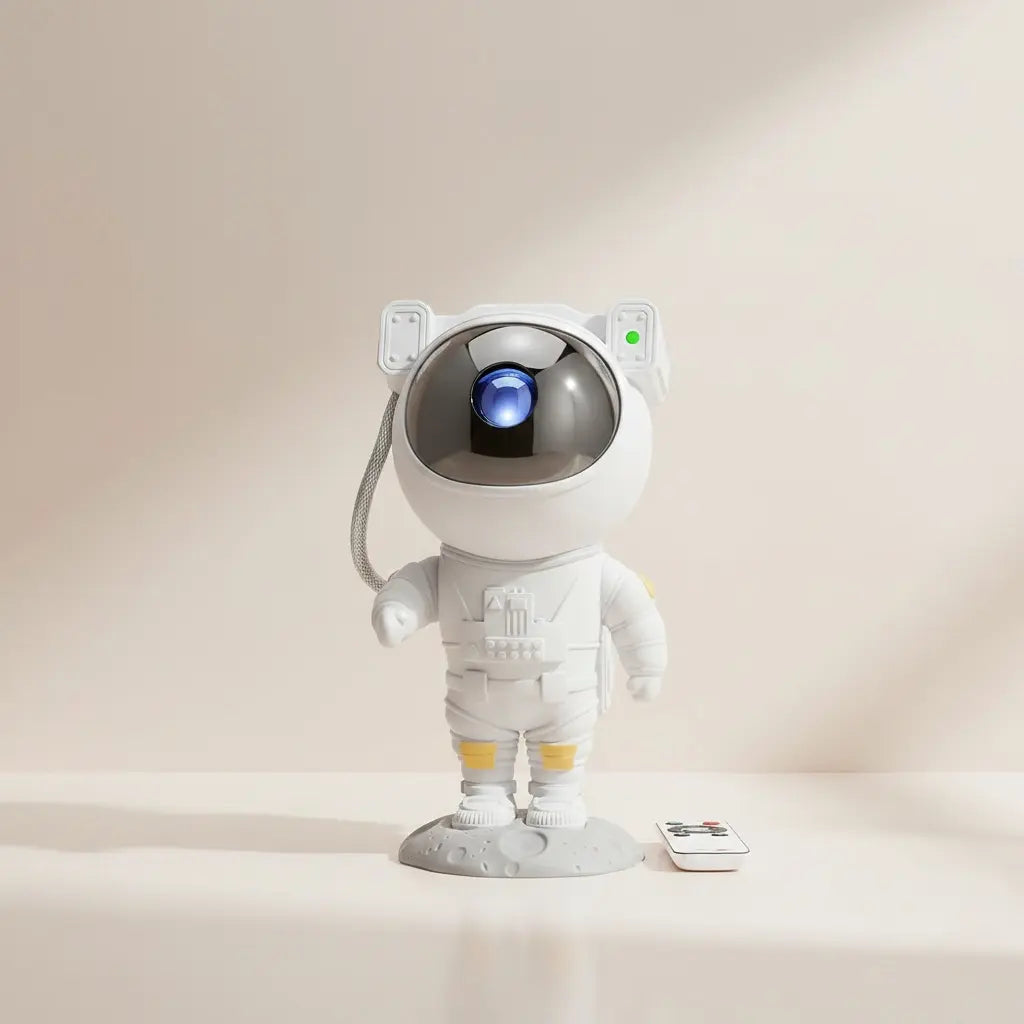White astronaut-shaped night light with a remote control on a beige background