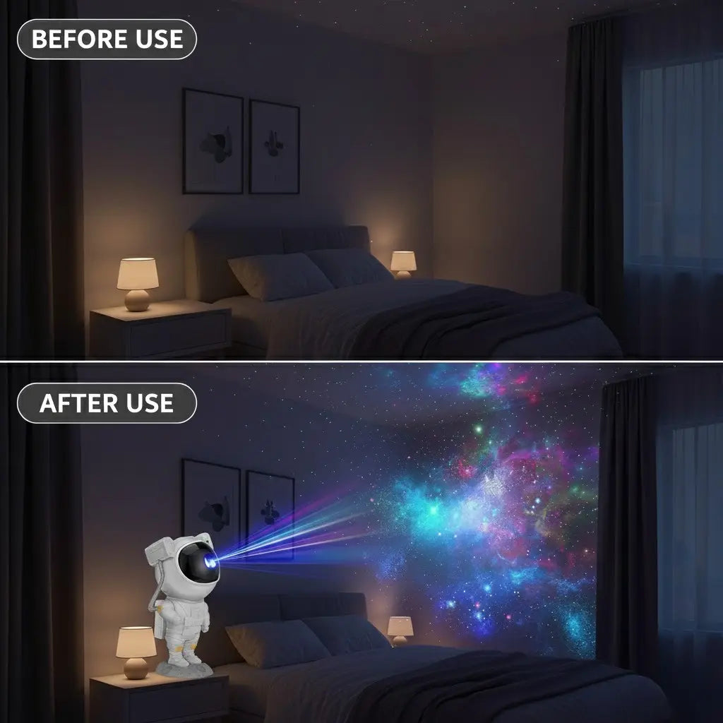 Before and after use comparison of a room with a Astronaut night light projector.
