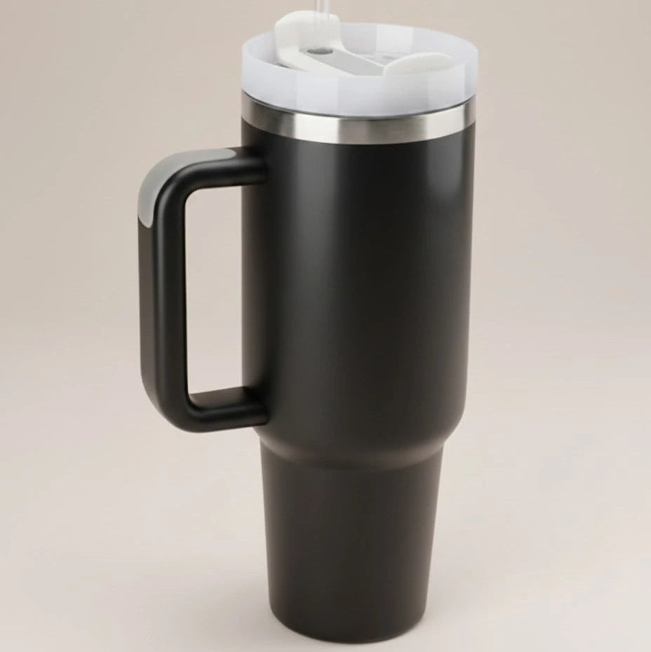 Black insulated mug with handle and straw on a white background