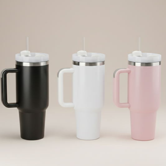Three insulated travel mugs in black, white, and pink on a beige background