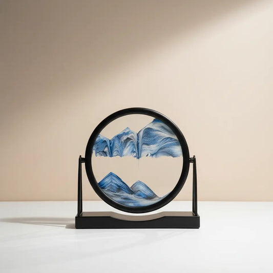 Moving sand art frame with calming 3D landscape design for desk and home decor.