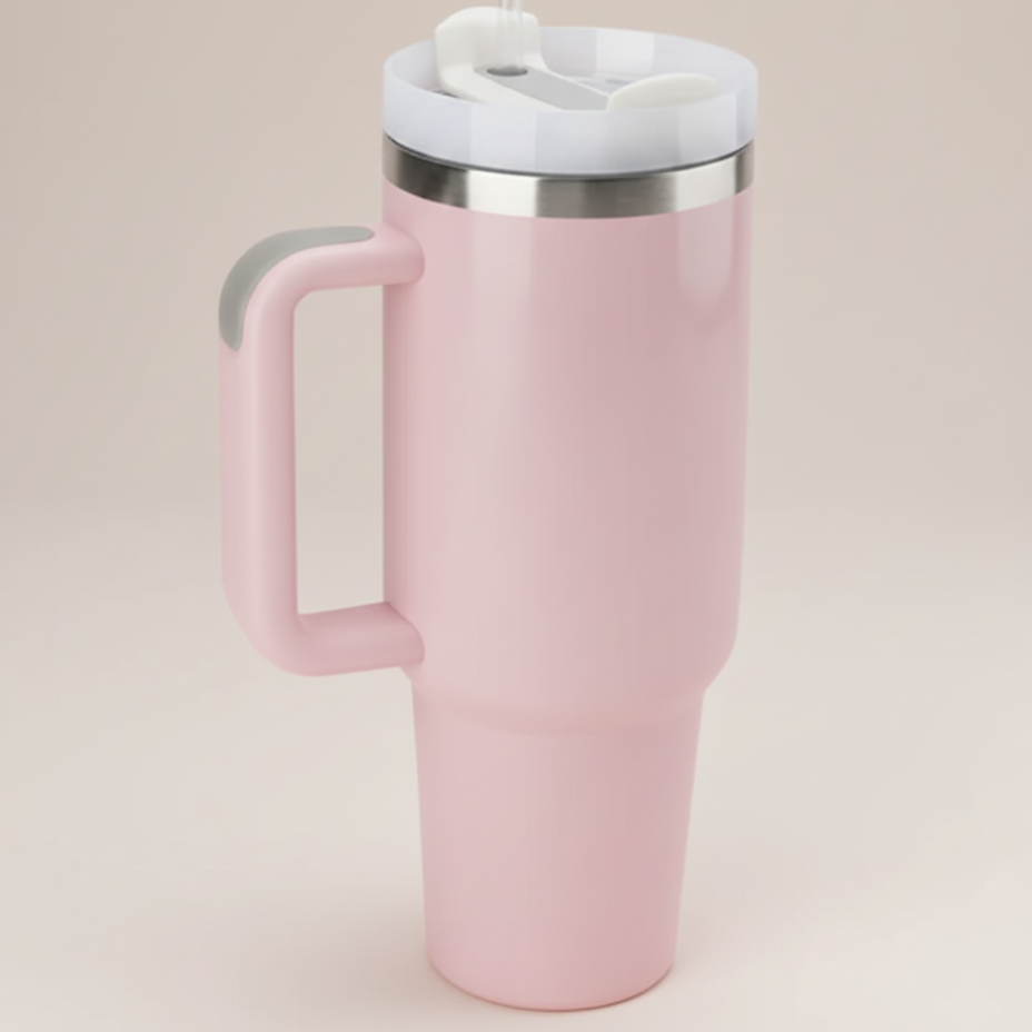 Pink insulated mug with handle and straw on a white background