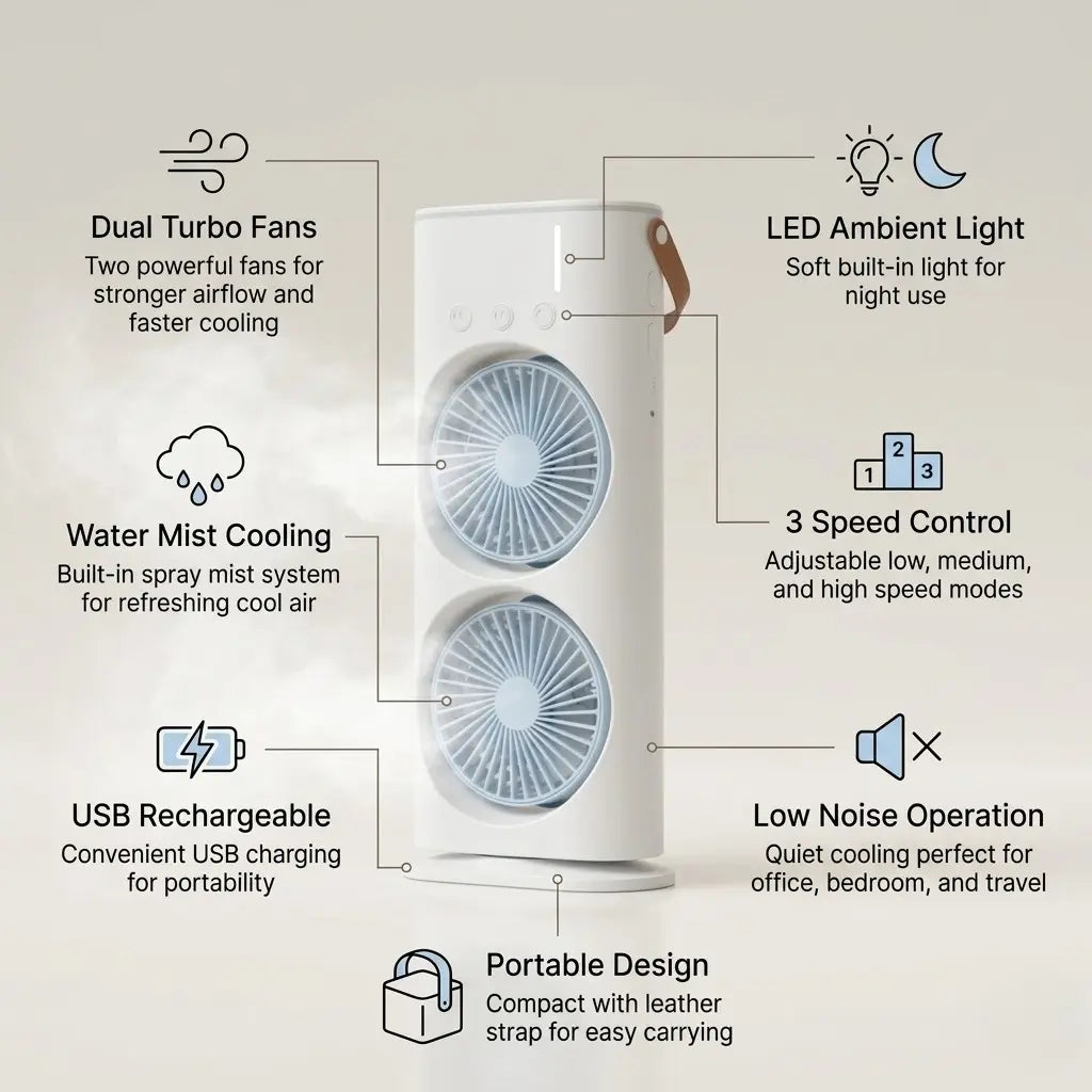 Portable Double-Ended Air Cooler Fan with Water Mist, USB Rechargeable, 3 Speeds, LED Light & Remote Control